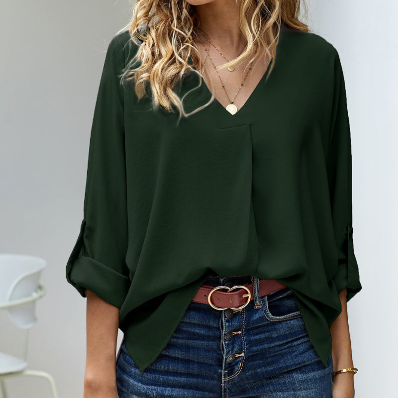 Long-sleeved solid v-neck blouse