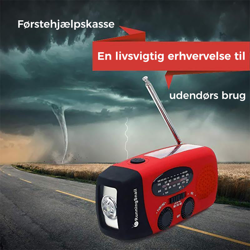 Solcelledreven radio med LED lommelygte og håndsving