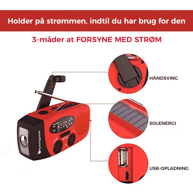 Solcelledreven radio med LED lommelygte og håndsving