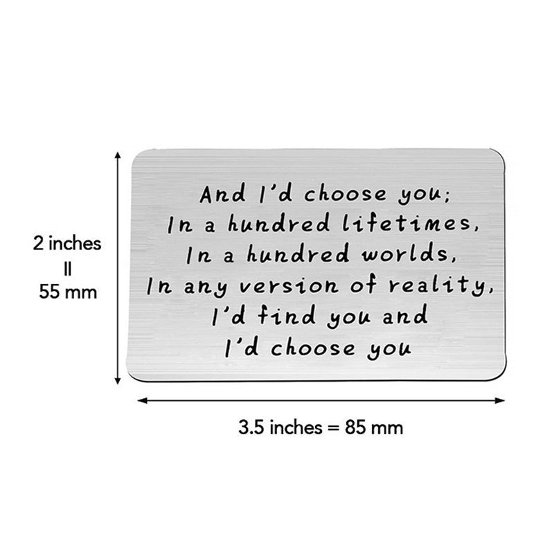"And I'd choose you" graveret kort i metal til tegnebog