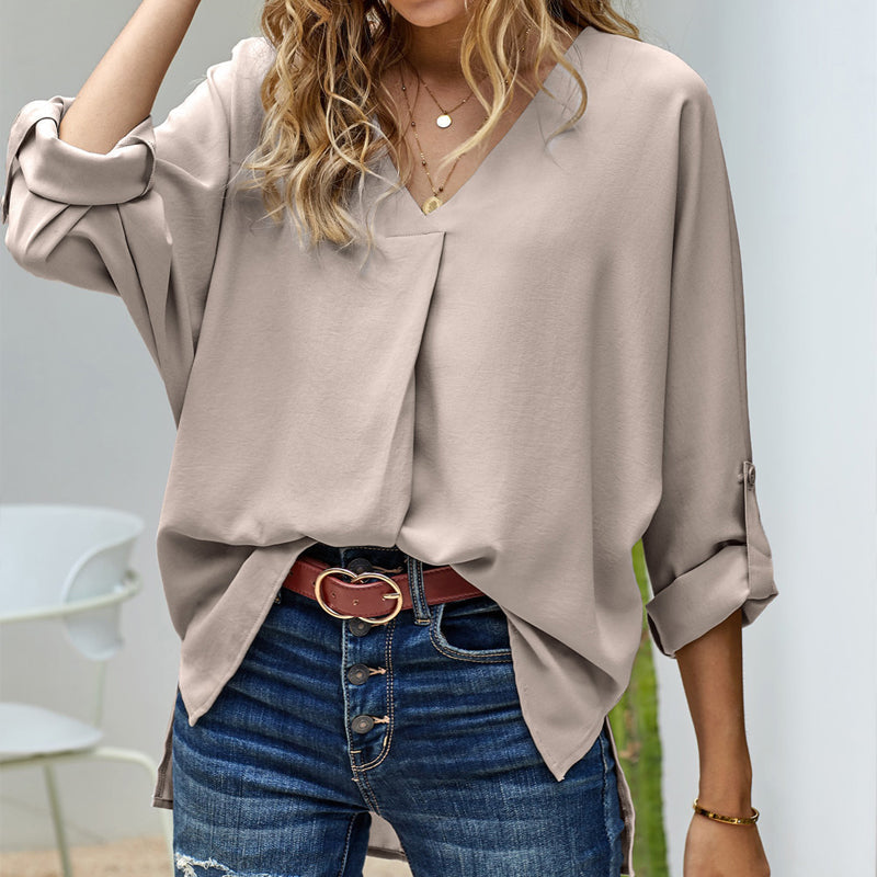 Long-sleeved solid v-neck blouse