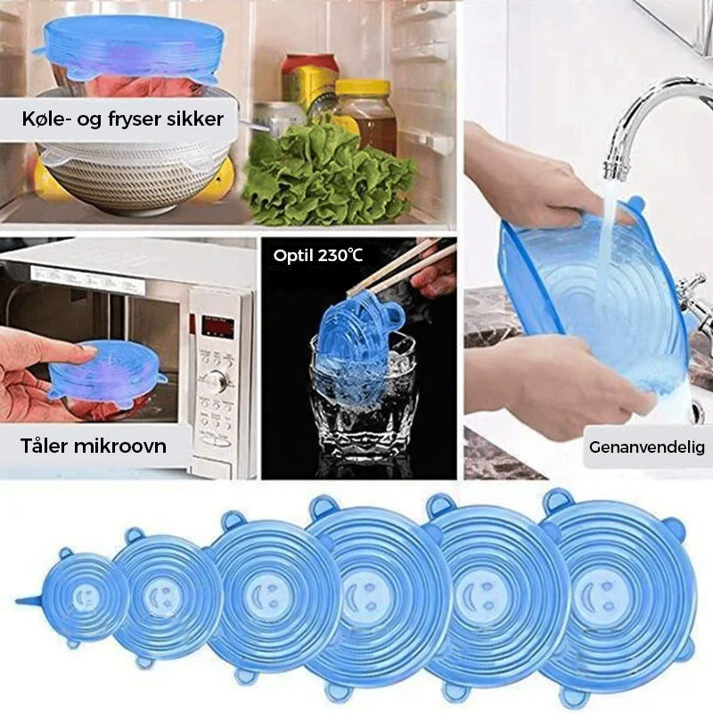 Strækbart silikonelåg til mad, 6 stk.