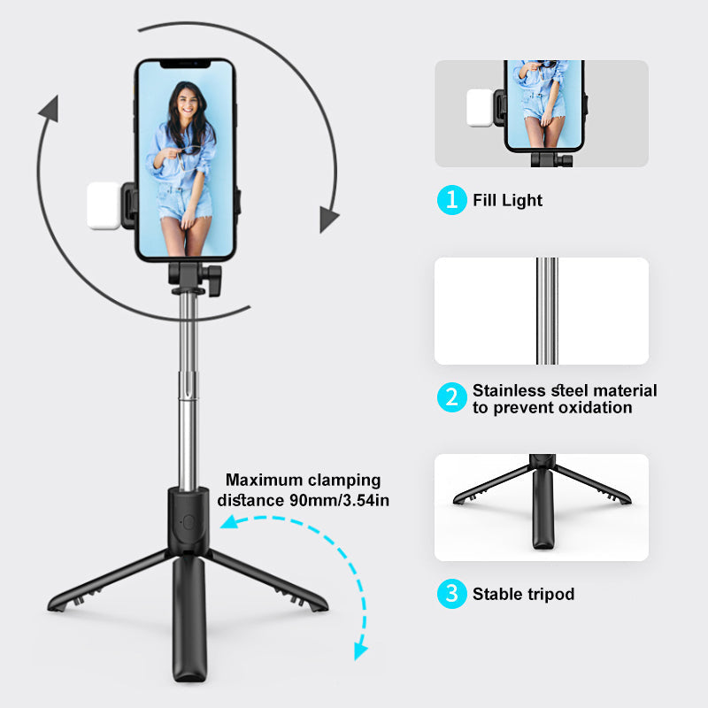 6 i 1 trådløs Bluetooth Selfie Stick m/fod
