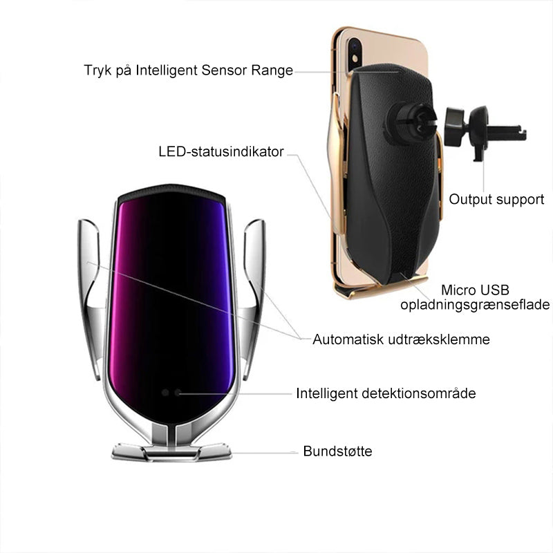 Trådløs automatisk sensor biltelefonholder og oplader