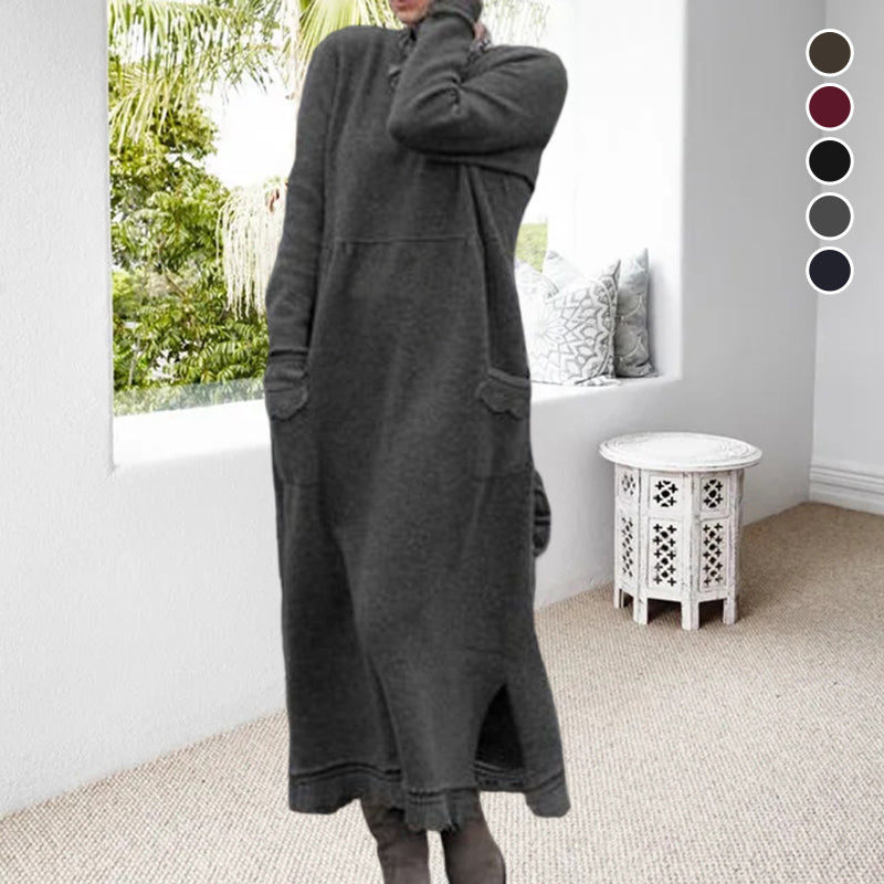Lang pullover strikkjole med rund halsudskæring